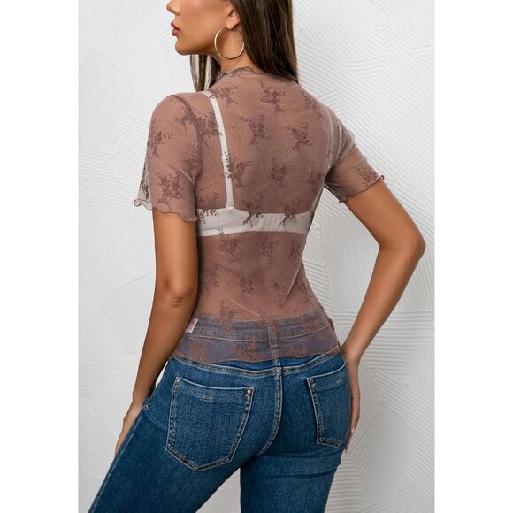 🆕Women's Brown Polyamide Mesh Sheer Long Sleeve Mock Neck Sexy Lace Blouse - Picture 5 of 6
